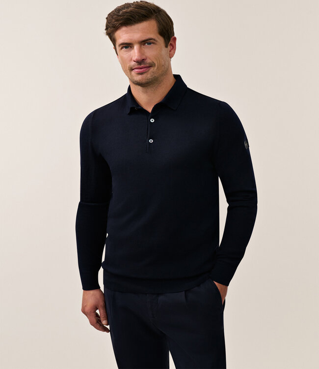 Cavallaro heren donkerblauw lange mouw polo slim fit merino wol