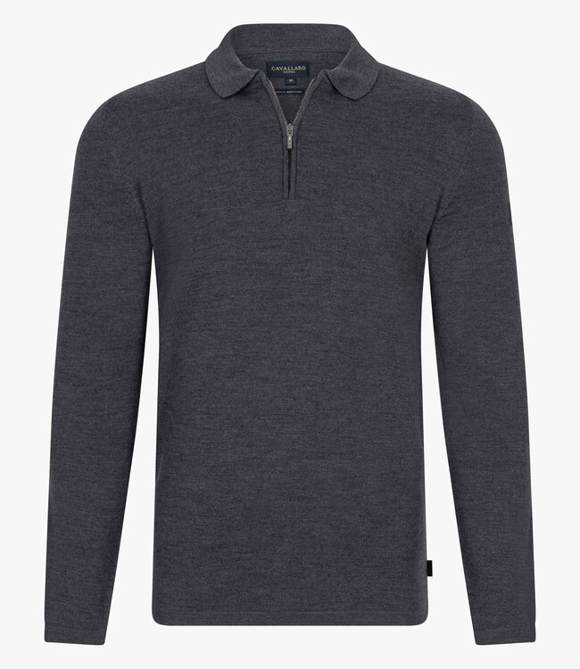Cavallaro heren antracietgrijs lange mouw polo slim fit merino wol