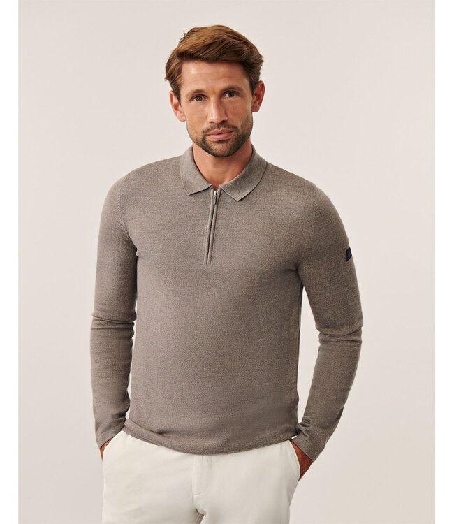 Cavallaro heren sand lange mouw polo slim fit merino wol