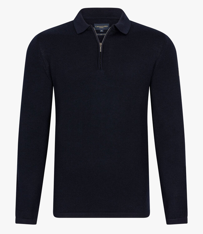 Cavallaro heren donkerblauw lange mouw polo slim fit merino wol