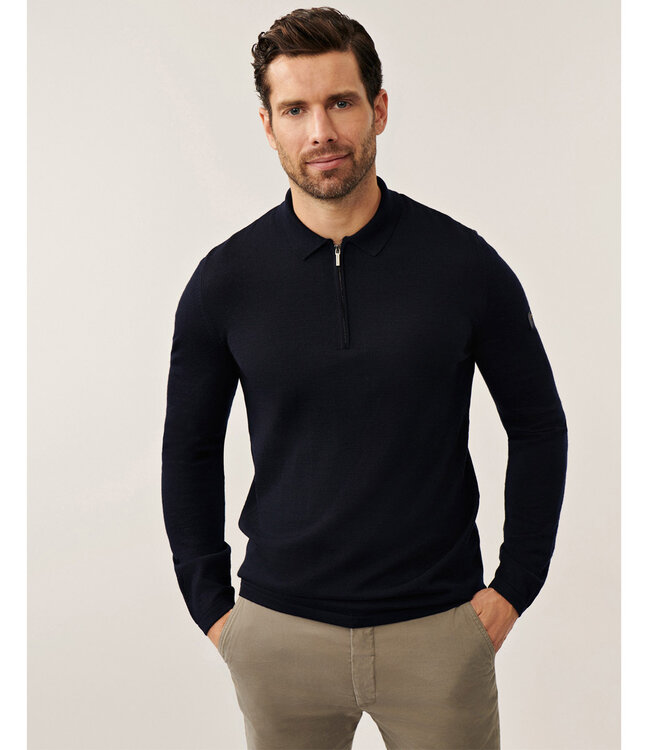 Cavallaro heren donkerblauw lange mouw polo slim fit merino wol
