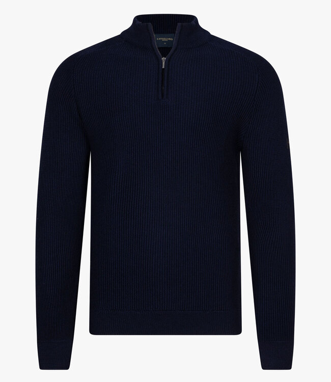Cavallaro 118255007 699 luxe italiaanse sagio half zip trui met een grof breisel donkerblauw