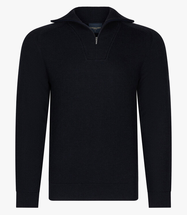 Cavallaro 118255022 699 luxe italiaanse corsico half zip trui met een grof breisel donkerblauw