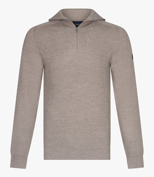 Cavallaro 118255005 840 luxe italiaanse corsico half zip trui met een grof breisel taupe bruin
