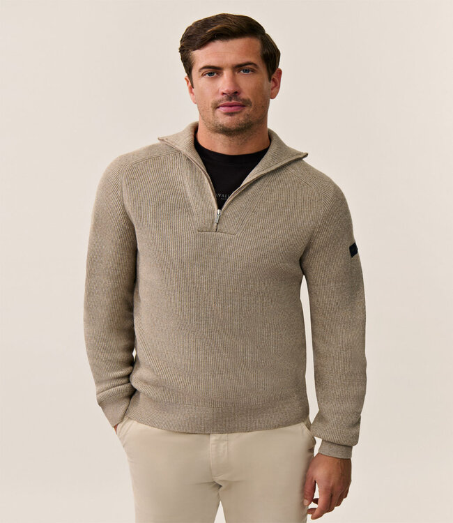 Cavallaro 118255005 840 luxe italiaanse corsico half zip trui met een grof breisel taupe bruin