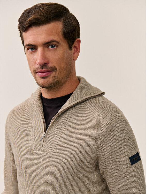 Cavallaro regular fit luxe italiaanse corsico half zip trui met een grof breisel taupe bruin