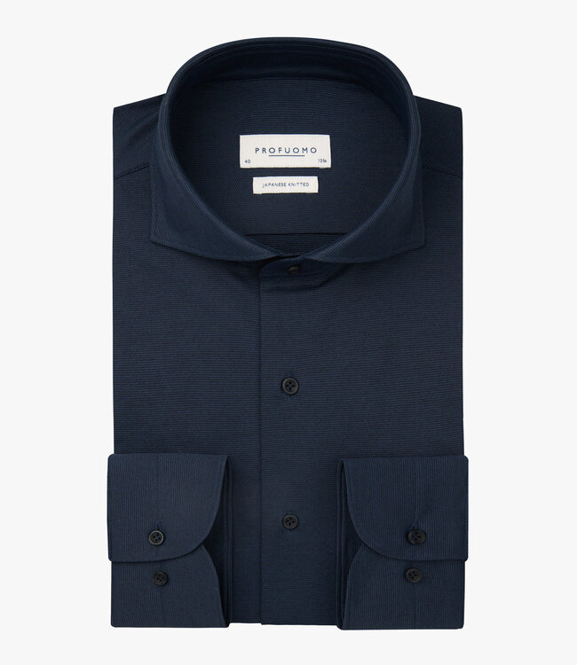 Profuomo PPWH30057A slim fit overhemd donkerblauw structuur japanese knitted 1knoops cut away
