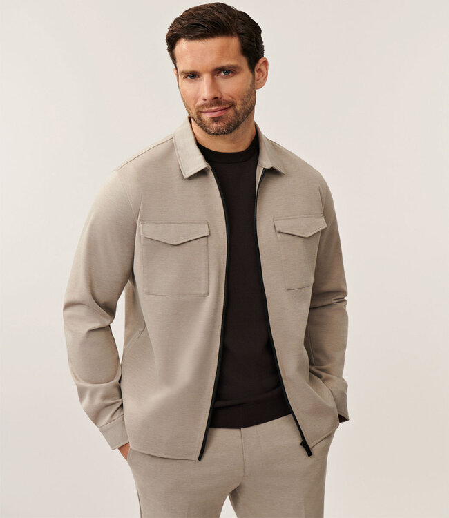 Cavallaro 123255012 Zanico overshirt taupe melange met rits en dubbele borstzak