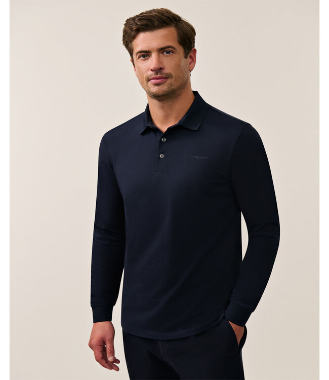Cavallaro heren Basso polo lange mouw long sleeve donkerblauw katoen stretch