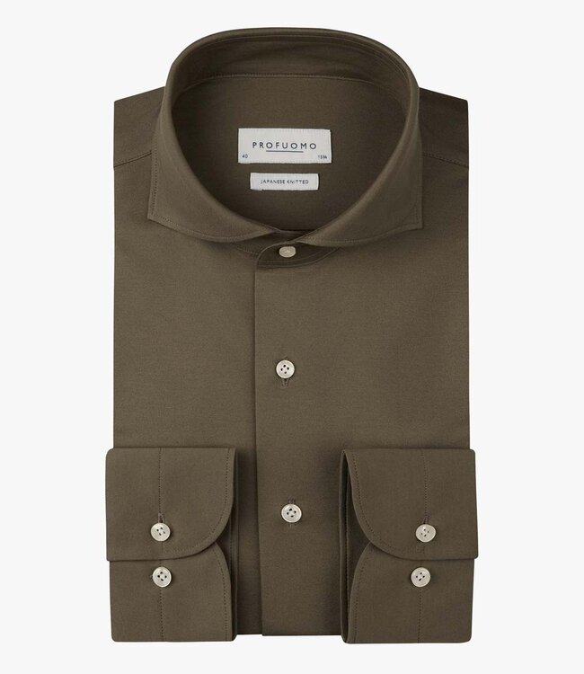 Profuomo PPXH10032B slim fit overhemd japanese knitted bruin light brown met parelmoer knopen 1knoops cut away