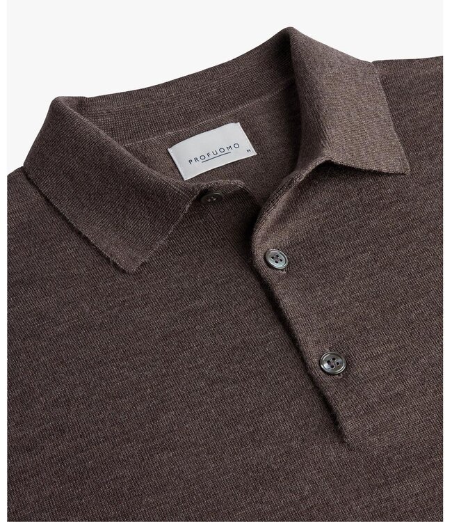 Profuomo heren polo lange mouw taupe bruin melange merino wol