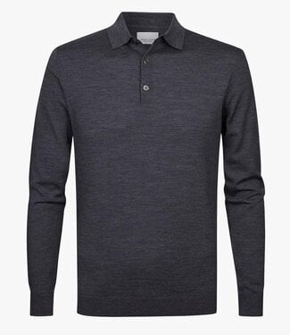 Profuomo heren polo lange mouw antraciet grijs merino wol