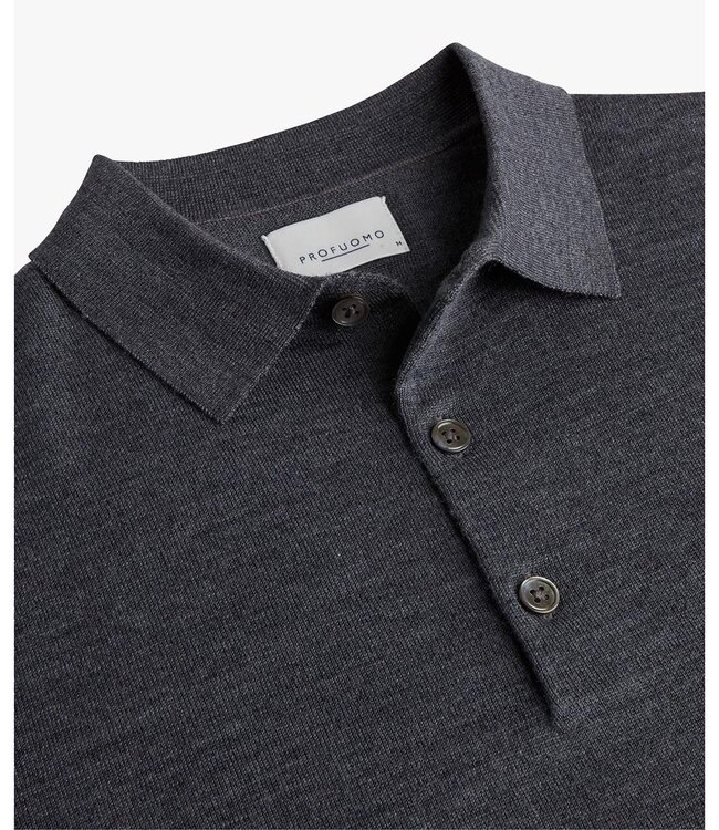 Profuomo heren polo lange mouw antraciet grijs merino wol