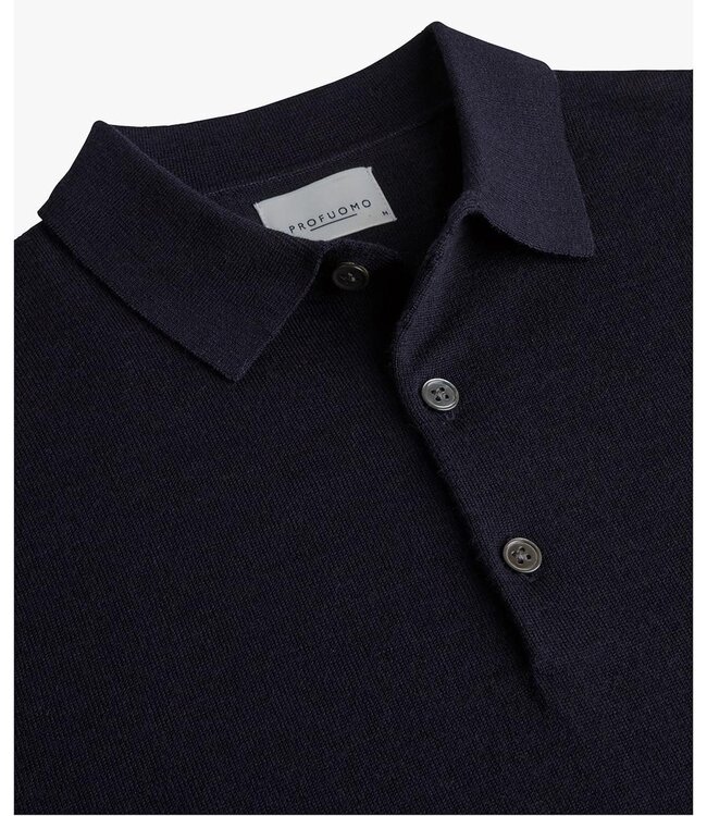Profuomo heren polo lange mouw donkerblauw merino wol