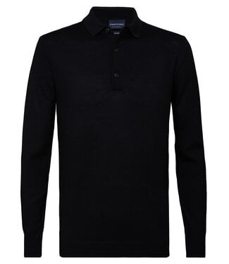 Profuomo heren polo lange mouw zwart merino wol