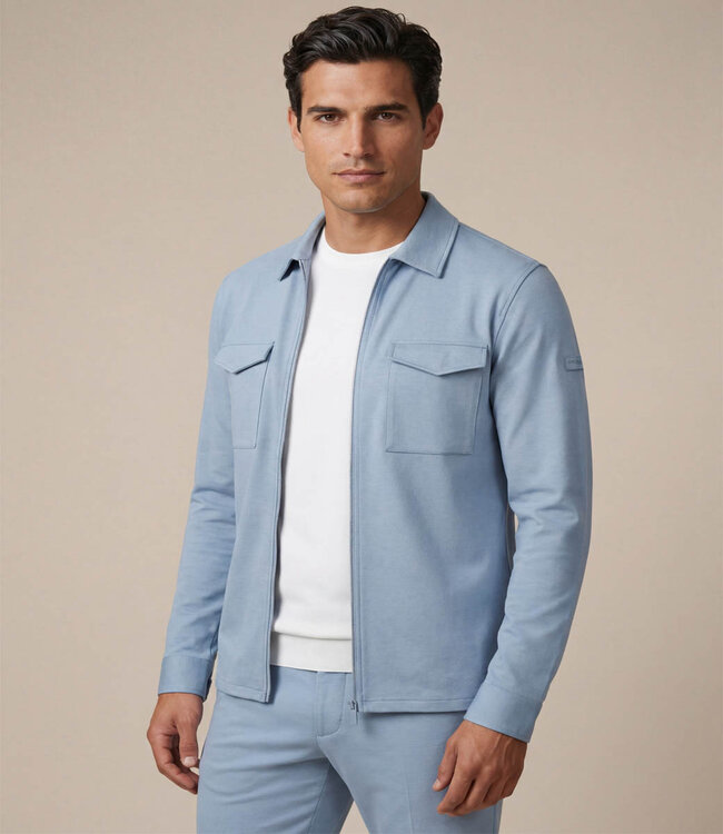 Cavallaro 123261014 Zaverio overshirt light blue melange met rits en dubbele borstzak