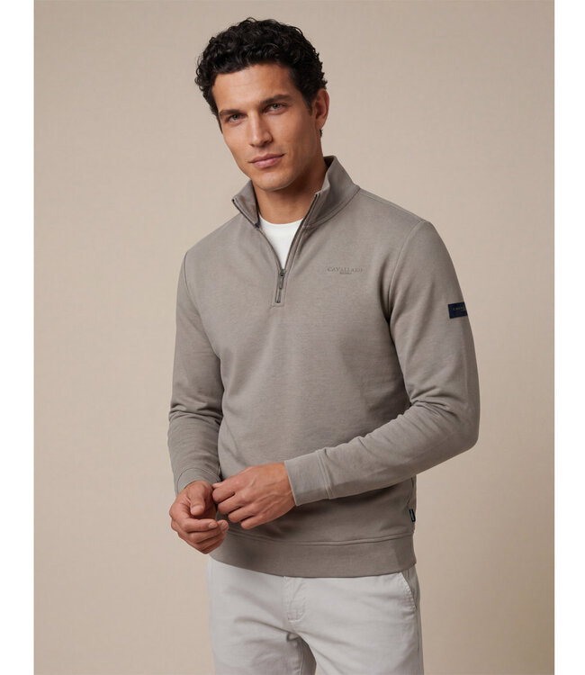 Cavallaro 120261022 Diagono heren sweat zipper met ritsje taupe bruin half zip sweat