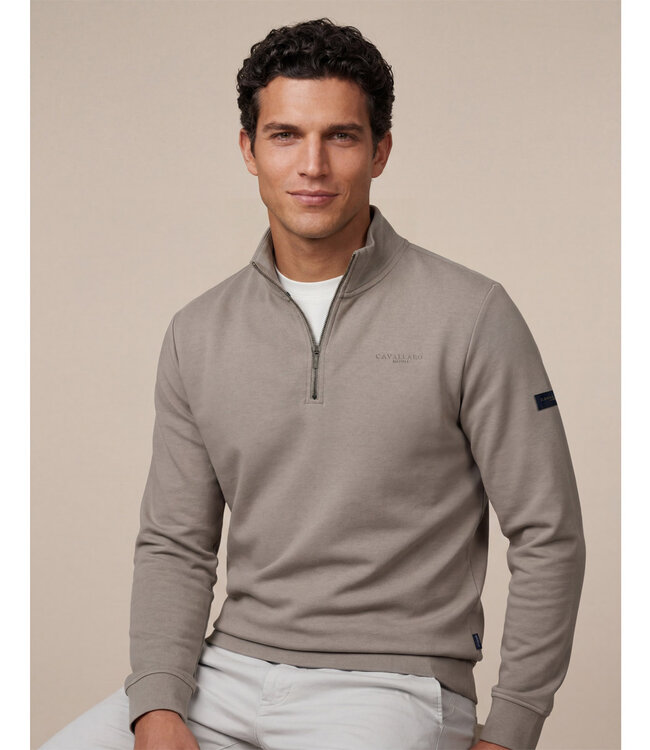Cavallaro 120261022 Diagono heren sweat zipper met ritsje taupe bruin half zip sweat