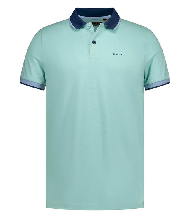New Zealand Auckland 26CN131 1794 polo aqua blauw pale leaf met donkerblauw boord katoen stretch