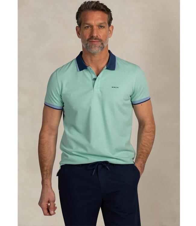 New Zealand Auckland 26CN131 1794 polo aqua blauw pale leaf met donkerblauw boord katoen stretch
