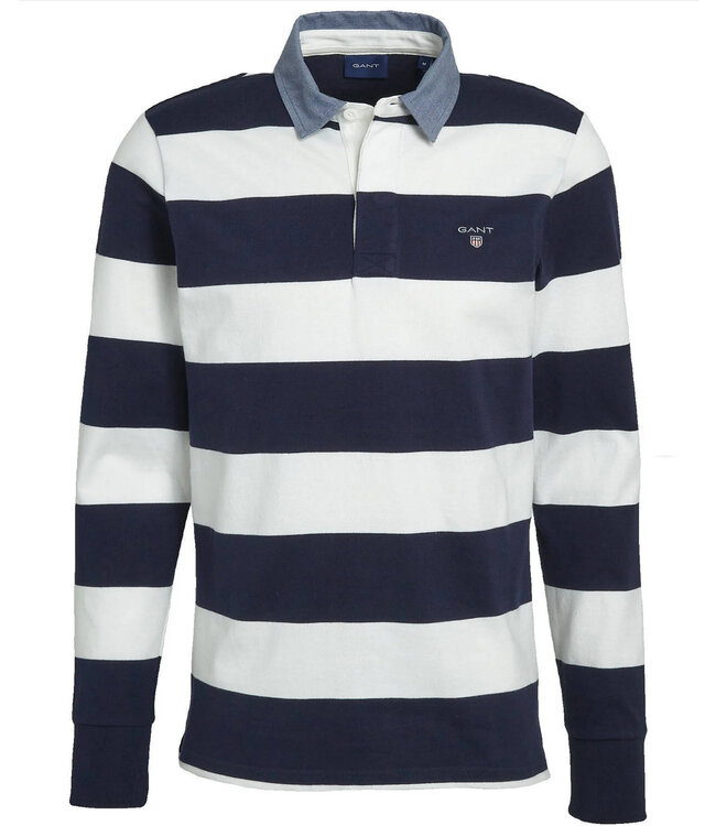 Gant 2022 2005031 113 Gant wit-donkerblauw heren rugby shirt sweater met jeans kraag