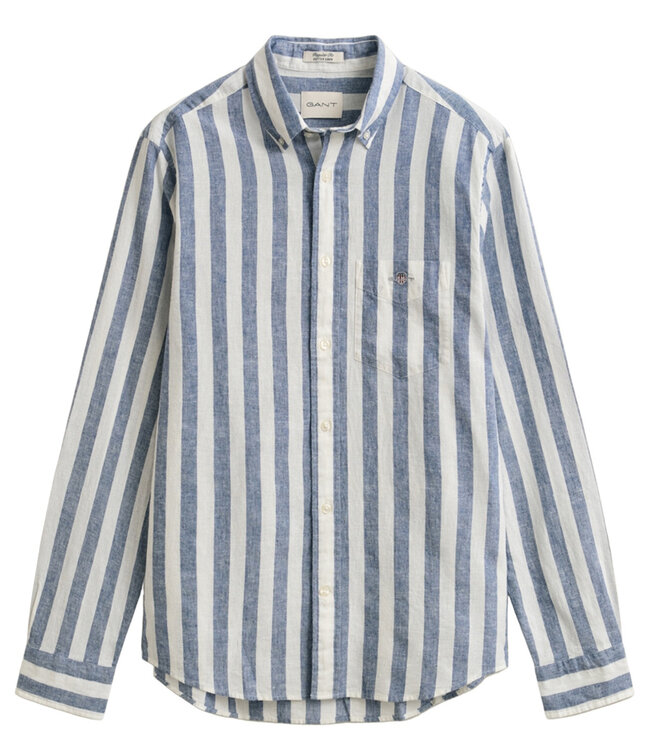 Gant 3260019 442 linnen katoen heren overhemd lange mouw blauw-wit brede streep