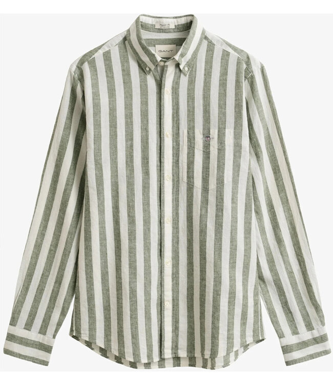 Gant 3260019 379 linnen katoen heren overhemd lange mouw olijfgroen-wit brede streep