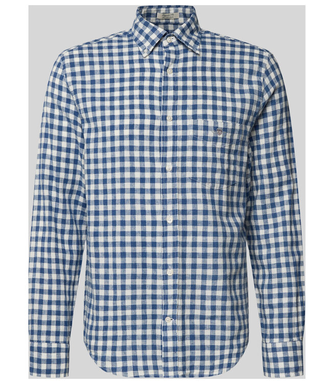 Gant linnen katoen heren overhemd lange mouw blauw-wit grote ruit