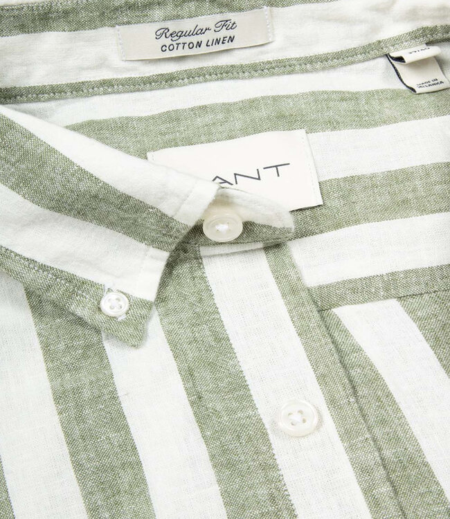 Gant 3260019 379 linnen katoen heren overhemd lange mouw olijfgroen-wit brede streep