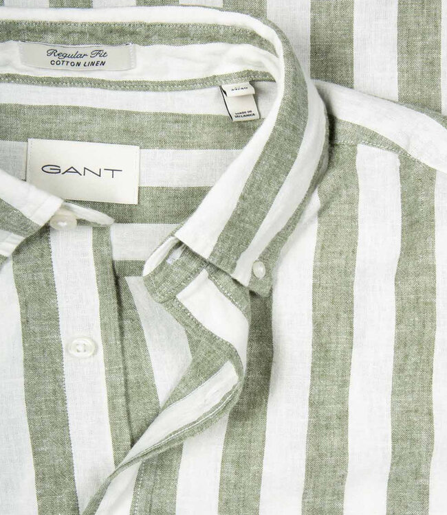 Gant 3260019 379 linnen katoen heren overhemd lange mouw olijfgroen-wit brede streep