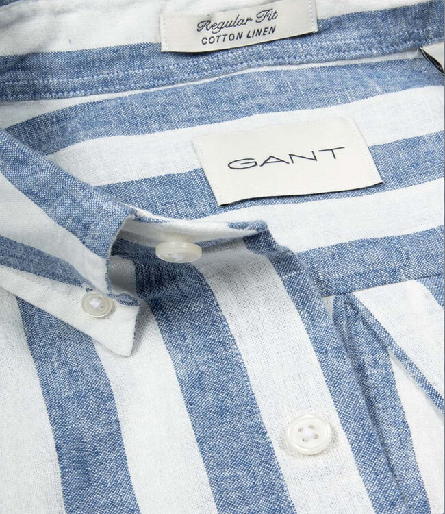 Gant 3260020 442 linnen katoen heren overhemd korte mouw blauw-wit brede streep