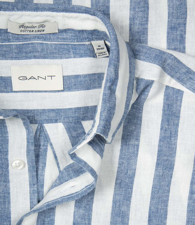 Gant 3260020 442 linnen katoen heren overhemd korte mouw blauw-wit brede streep
