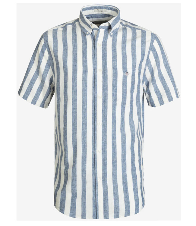 Gant 3260020 442 linnen katoen heren overhemd korte mouw blauw-wit brede streep