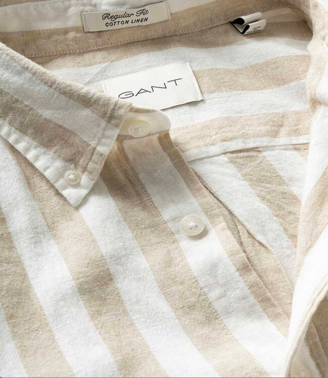 Gant 3260019 200 linnen katoen heren overhemd lange mouw beige-wit brede streep