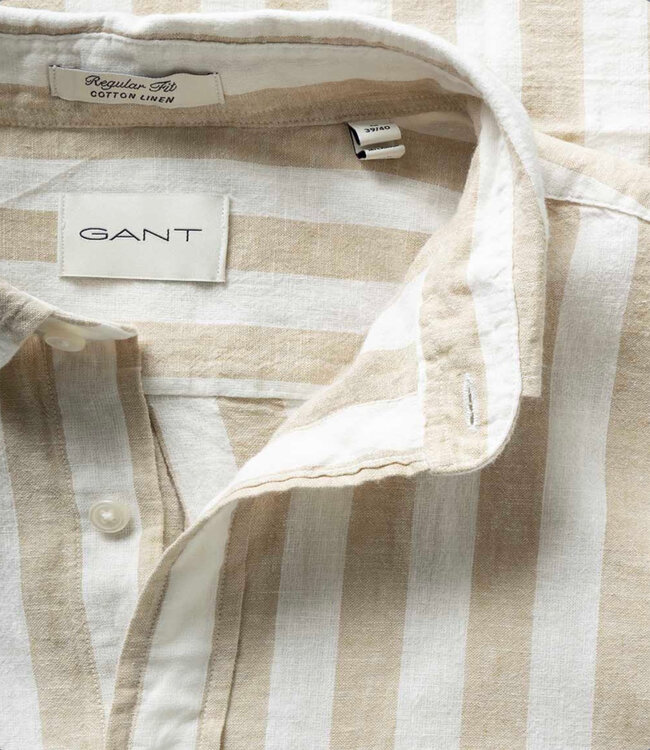 Gant linnen katoen heren overhemd lange mouw beige-wit brede streep