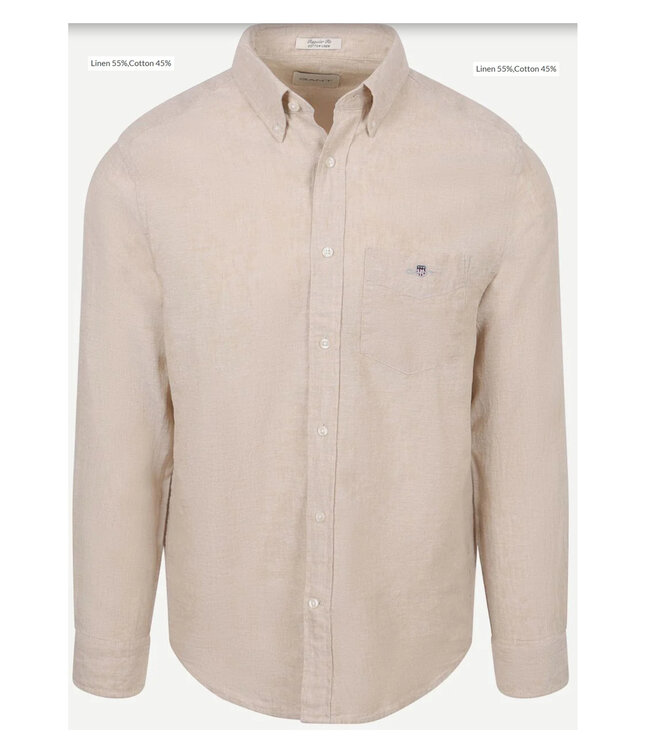 Gant 3250082 200 linnen katoen heren overhemd lange mouw oat beige