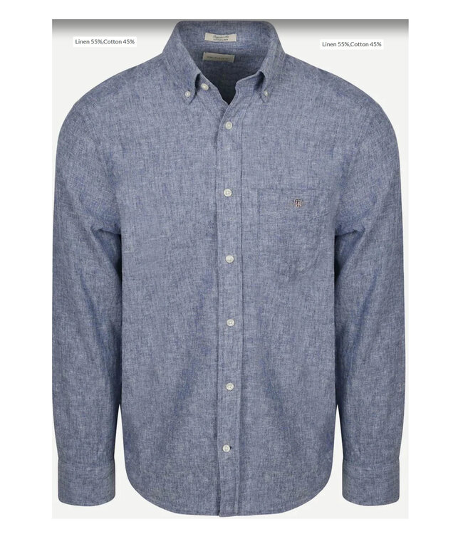 Gant 3250082 442 linnen katoen heren overhemd lange mouw jeans blauw vintage blue