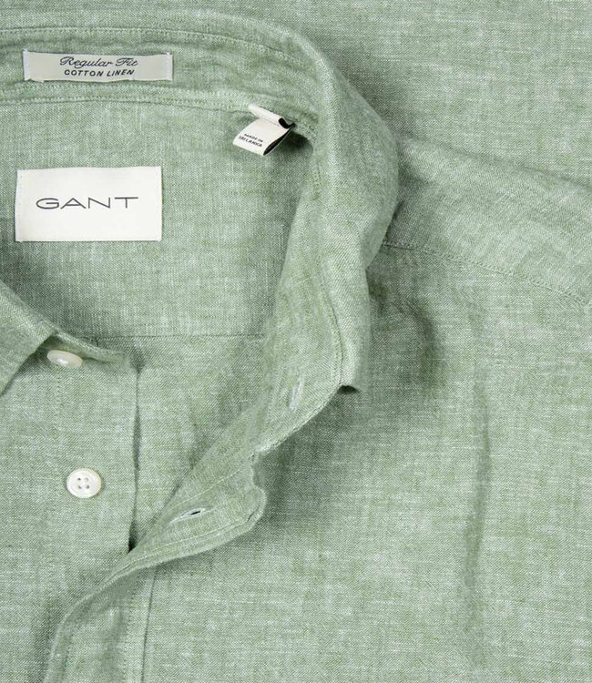 Gant 3250083 354 linnen katoen heren overhemd korte mouw olijfgroen herb green