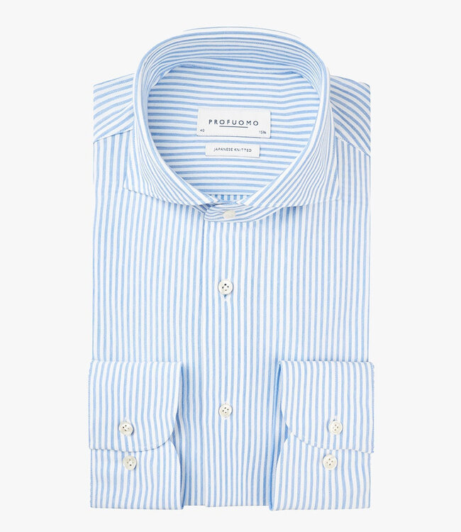 Profuomo PP2HC10008 slim fit overhemd japanese knitted blauw-wit met parelmoer knopen 1knoops cut away