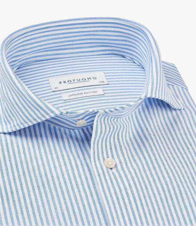 Profuomo PP2HC10008 slim fit overhemd japanese knitted blauw-wit met parelmoer knopen 1knoops cut away