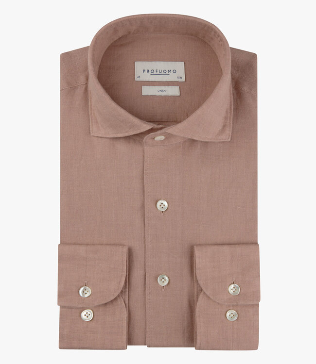 Profuomo slim fit linnen overhemd dark pink cutaway