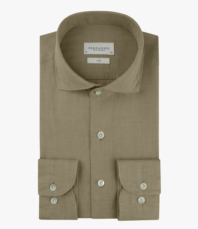 Profuomo PPXH10017P slim fit linnen overhemd olijfgroen mid green