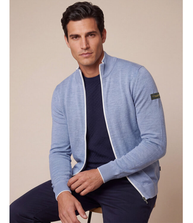 Cavallaro 119261000-600006 fontanio cardigan light blue melange heren vest ecru details