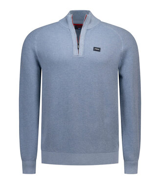 New Zealand Auckland blauw heren pullover half zip trui met structuur soft ocean melange