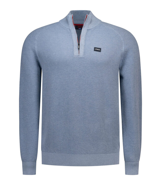 New Zealand Auckland 26GN491-2694 blauw heren pullover half zip trui met structuur soft ocean melange