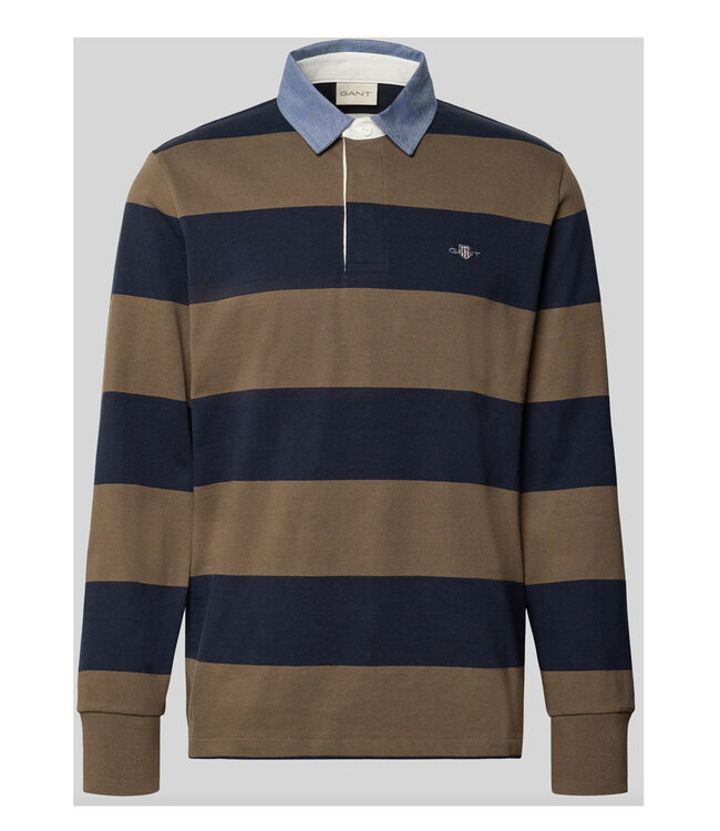 Gant 2004083 260 donkerblauw-taupe bruin streep heren rugby shirt sweater