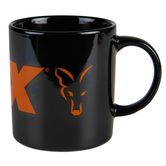 Taza de cerámica negra y naranja de Fox