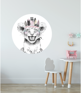Muursticker cirkel |  Lion pink witte achtergrond