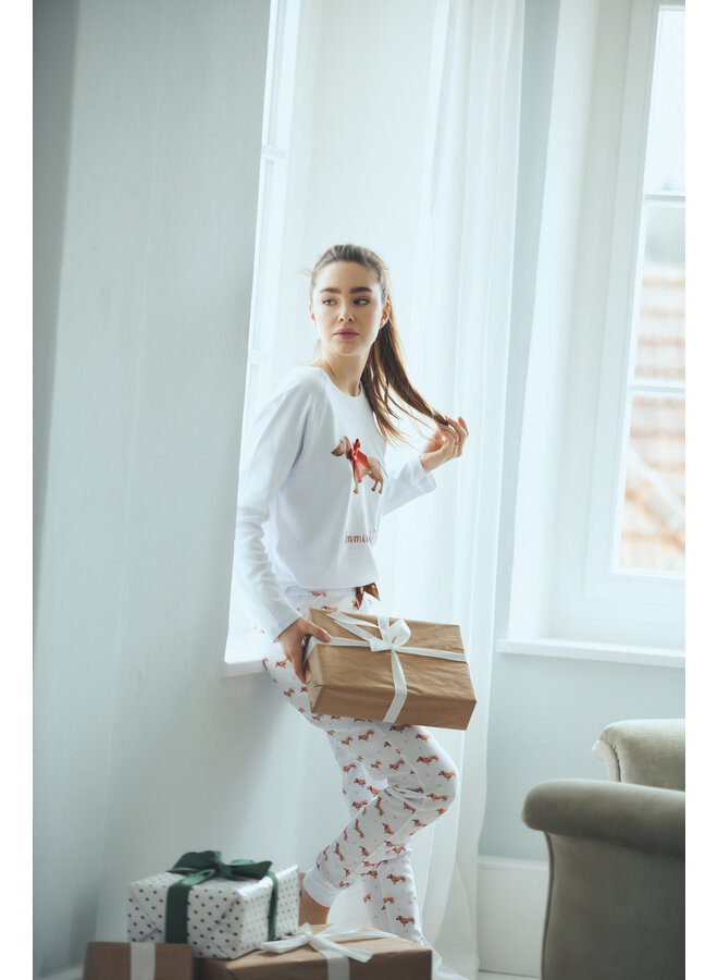 Pyjama Damen Bündchen "Immer bei dir" - weiss/ Dackel allover