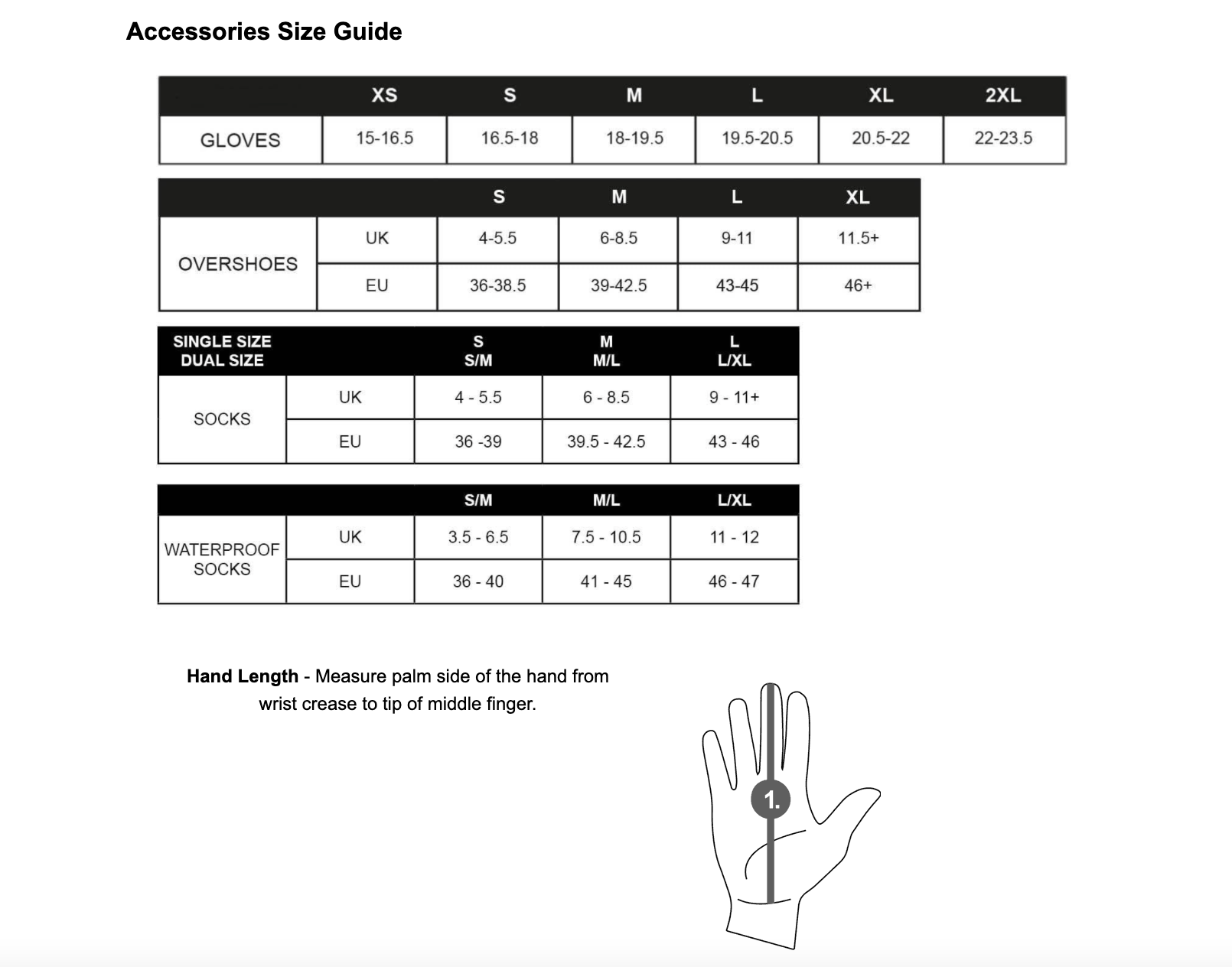 Altura Size chart for accessories